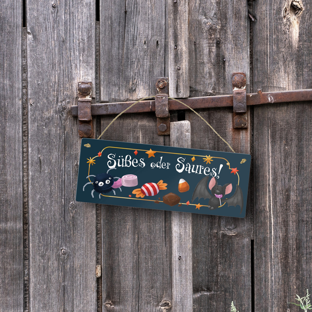 Süßes oder Saures Halloween Metallschild mit Spinne und Fledermaus