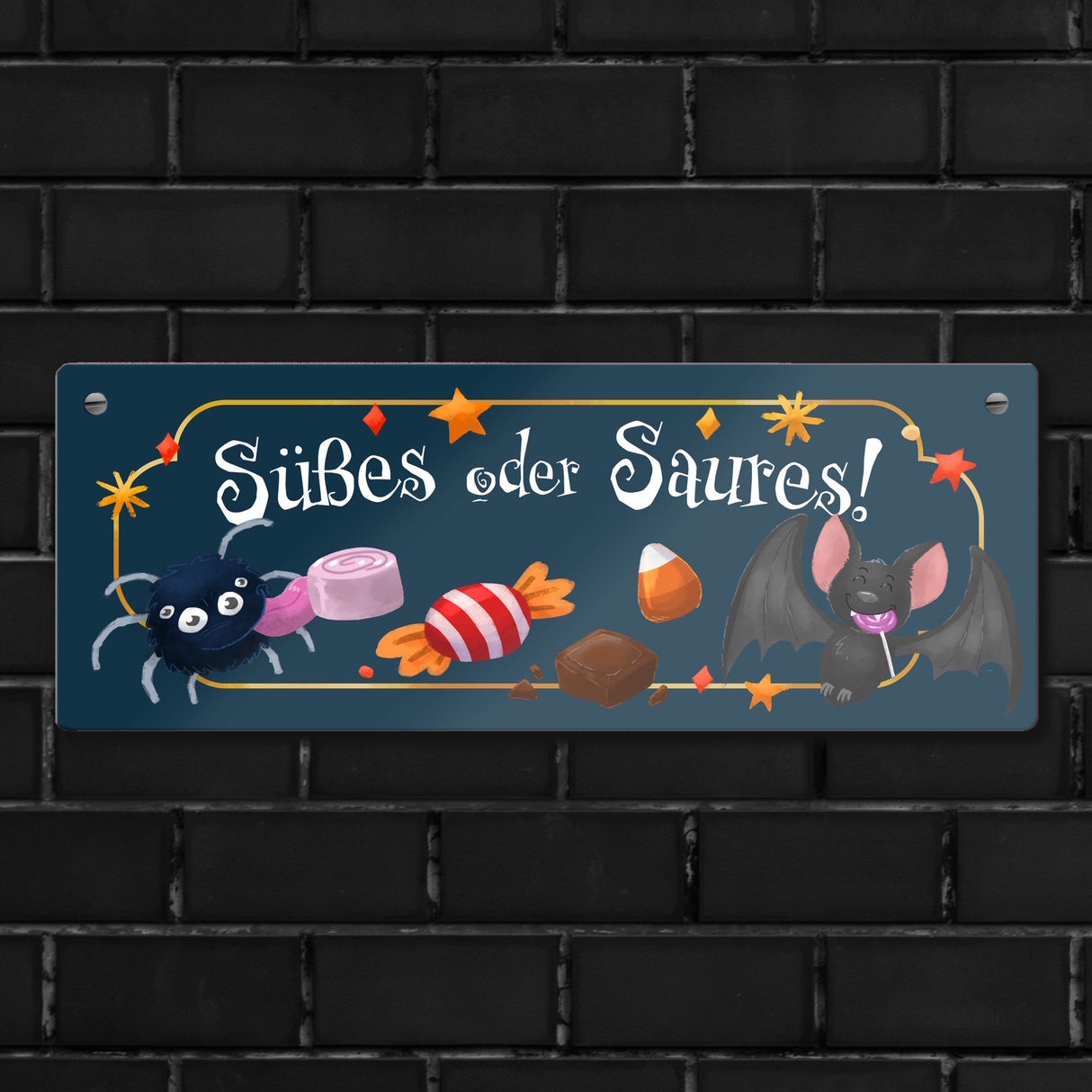 Süßes oder Saures Halloween Metallschild mit Spinne und Fledermaus
