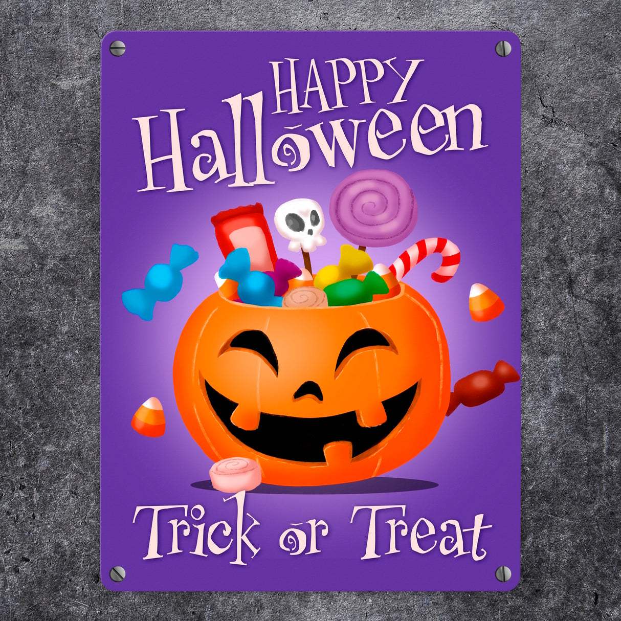 Happy Halloween Trick or Treat Metallschild in lila mit süßem Kürbis