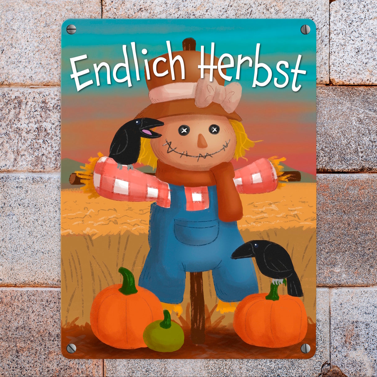 Endlich Herbst Metallschild mit niedlicher Vogelscheuche