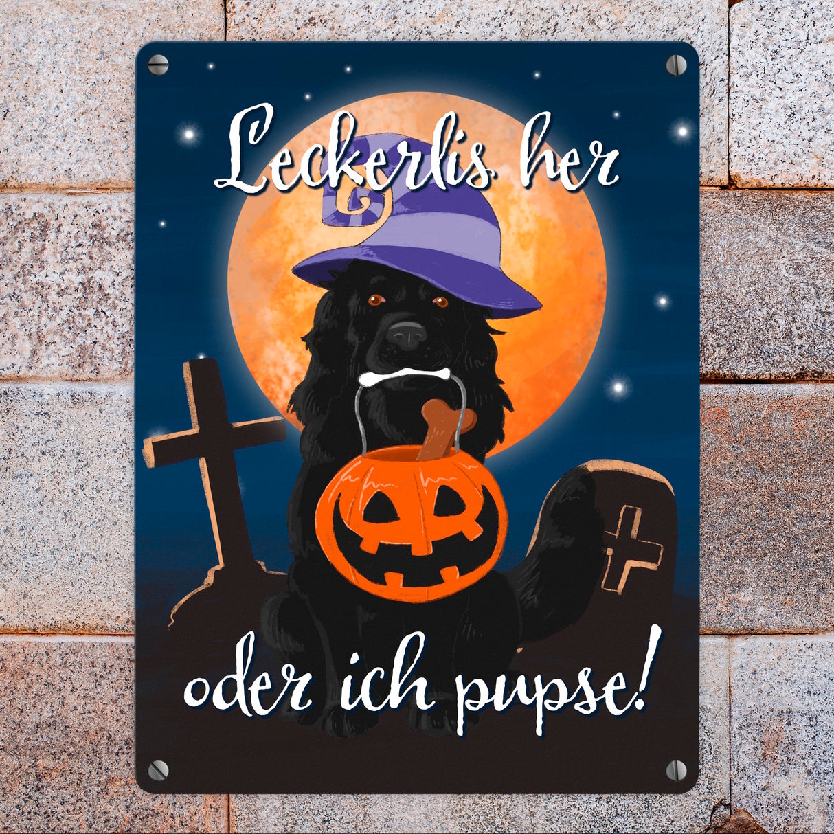 Leckerlis her oder ich pupse Halloween Metallschild mit schwarzem Hund