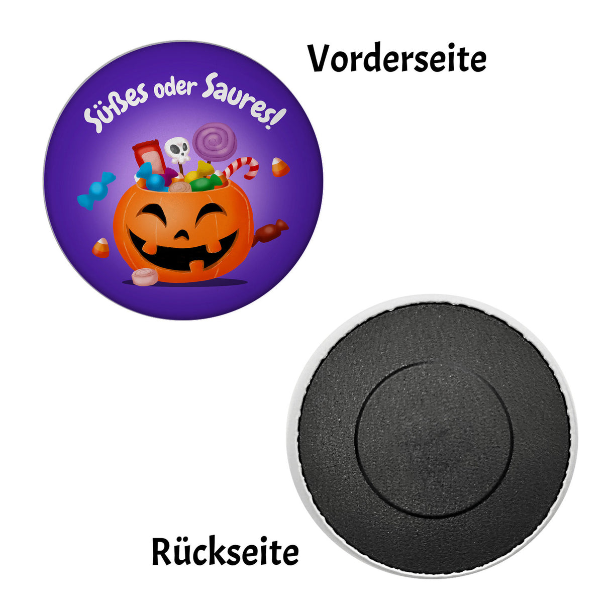 Süßes oder Saures Halloween Magnet mit Kürbis und Süßigkeiten