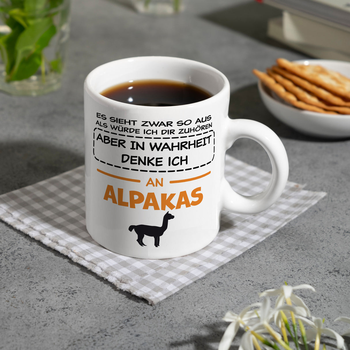 In Wahrheit denke ich an Alpakas Kaffeebecher