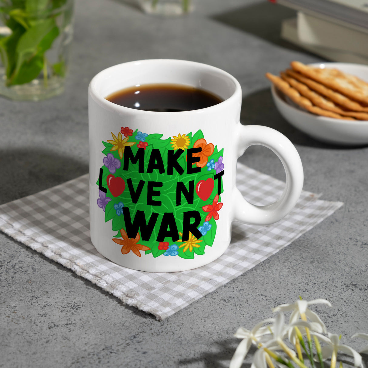 Make love not war Blumenmotiv Kaffeebecher