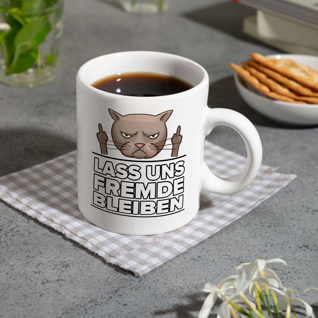 Lass uns Fremde bleiben mit Katze Kaffeebecher