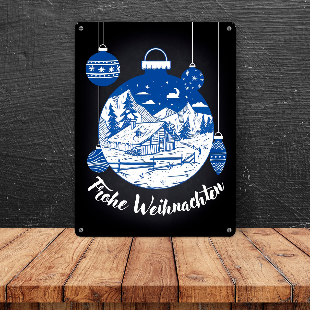 Frohe Weihnachten Metallschild mit Weihnachtskugeln