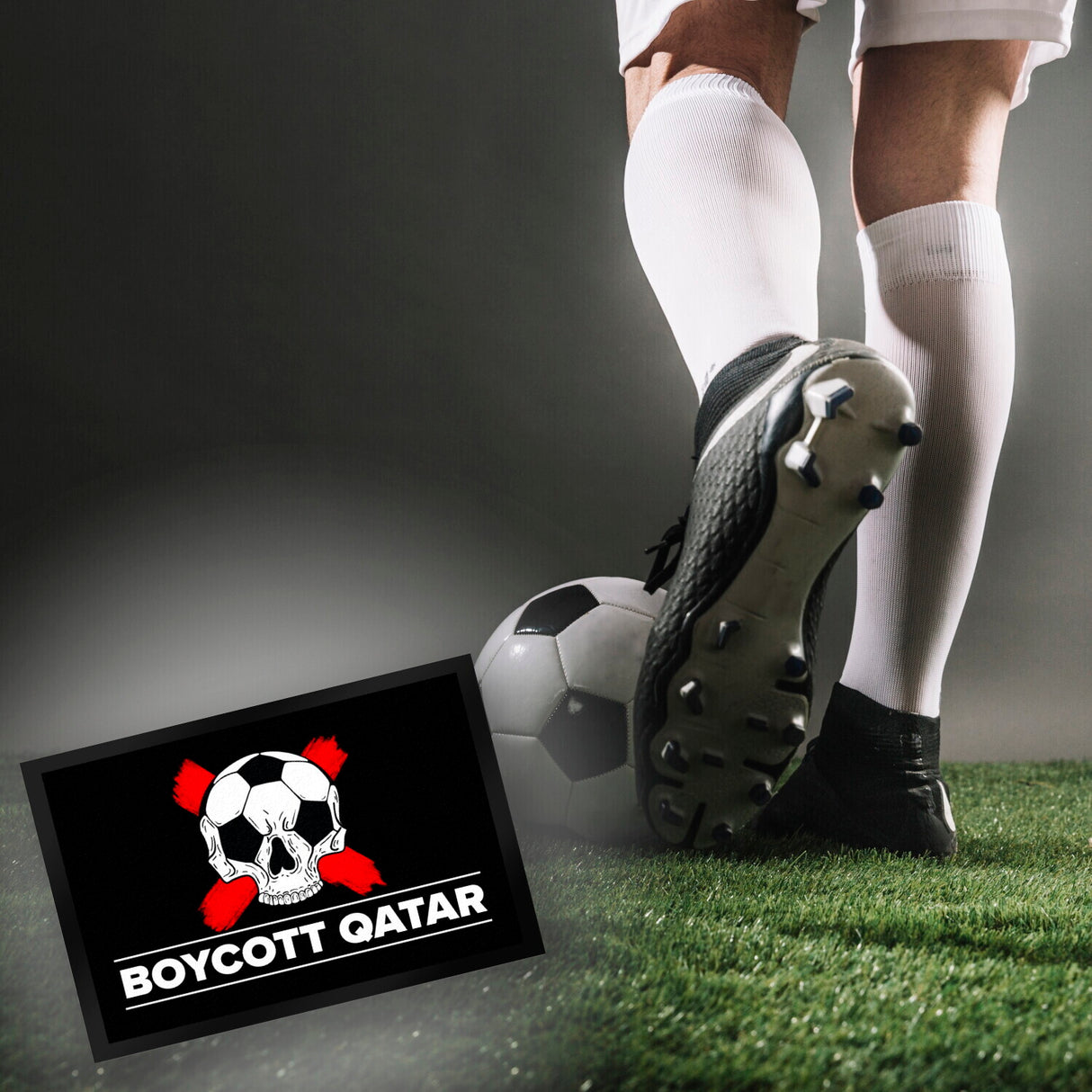 Boycott Qatar Fußmatte mit Fußball-Totenkopf