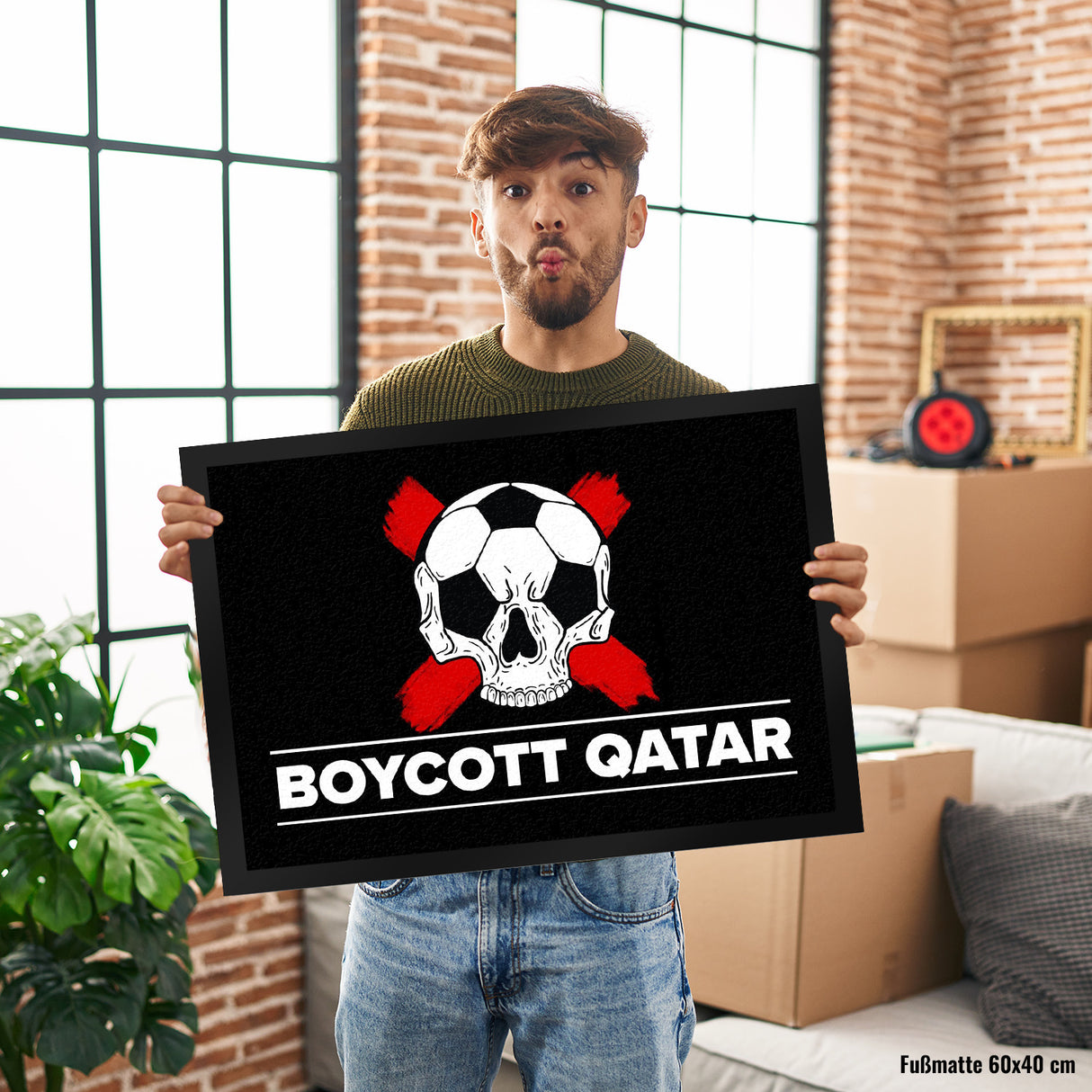 Boycott Qatar Fußmatte mit Fußball-Totenkopf