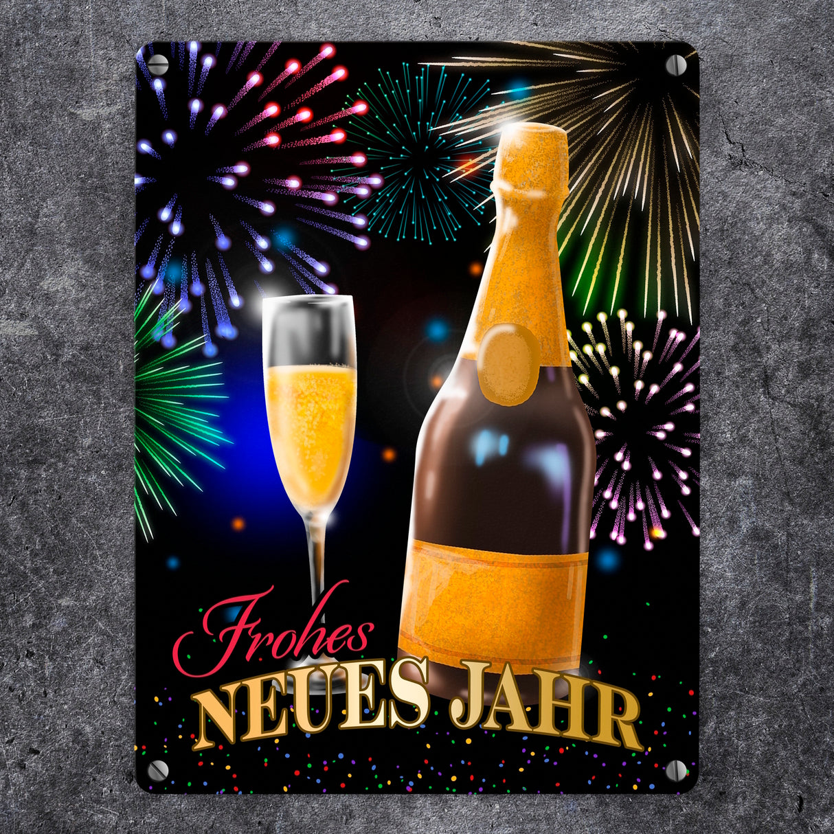 Frohes neues Jahr Metallschild mit Sekt und Feuerwerk