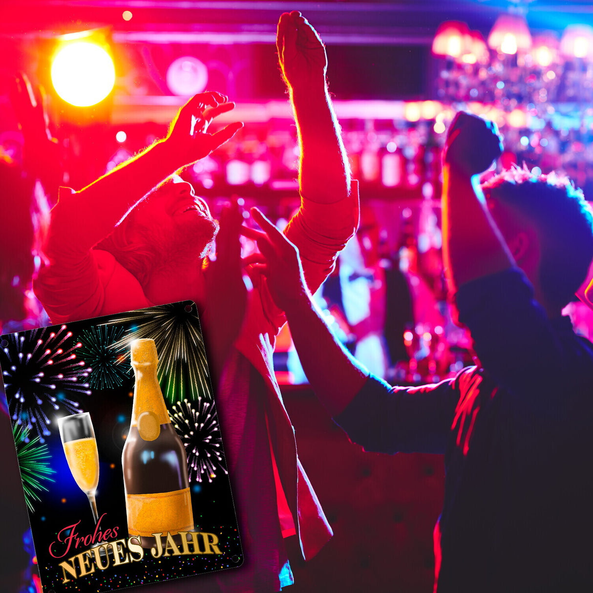 Frohes neues Jahr Metallschild mit Sekt und Feuerwerk
