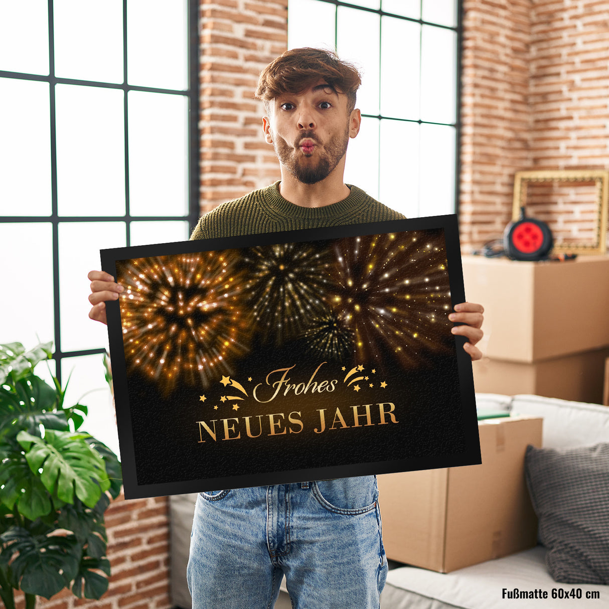 Frohes neues Jahr Fußmatte mit goldenem Feuerwerk