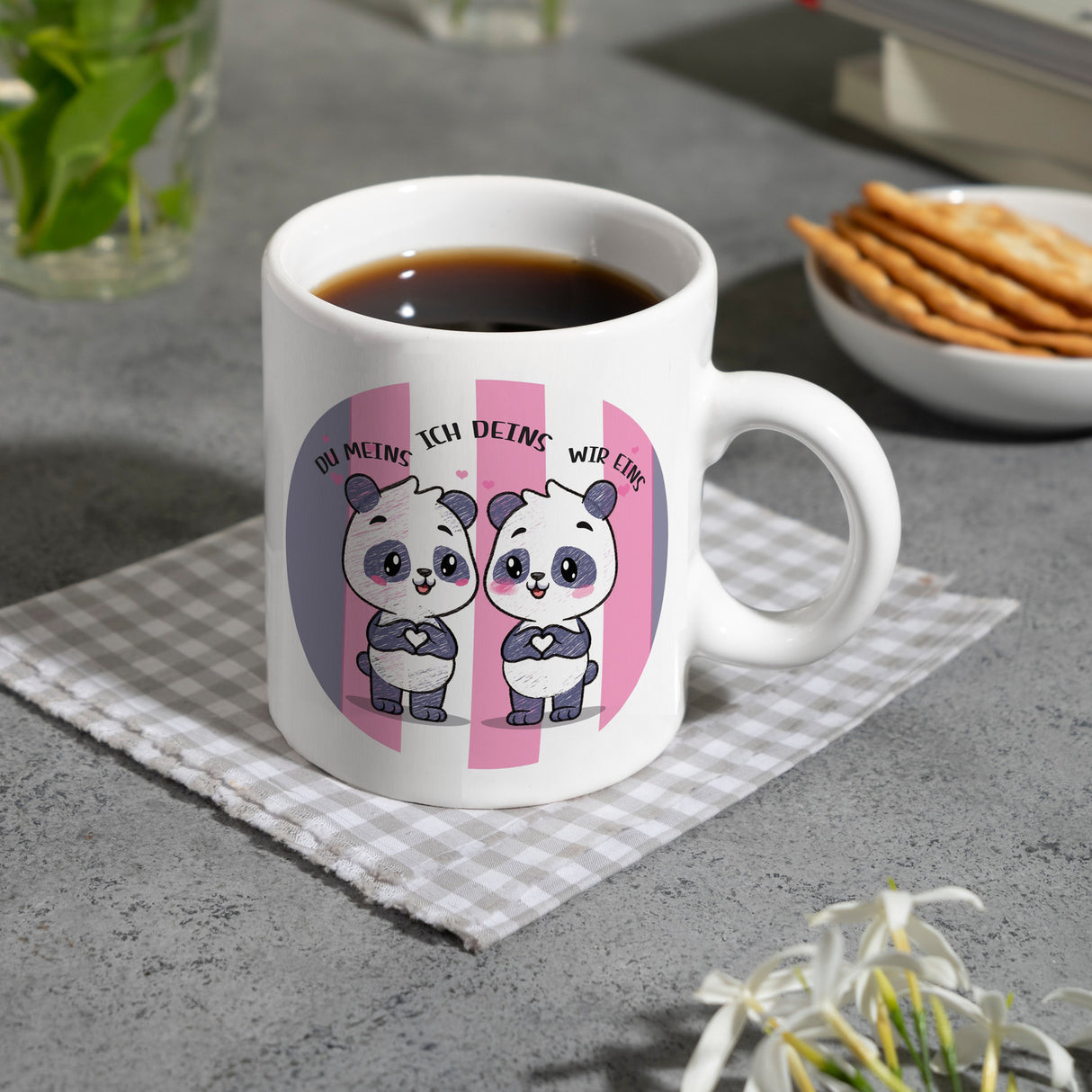 Panda Kaffeebecher mit Spruch Du meins ich deins wir eins