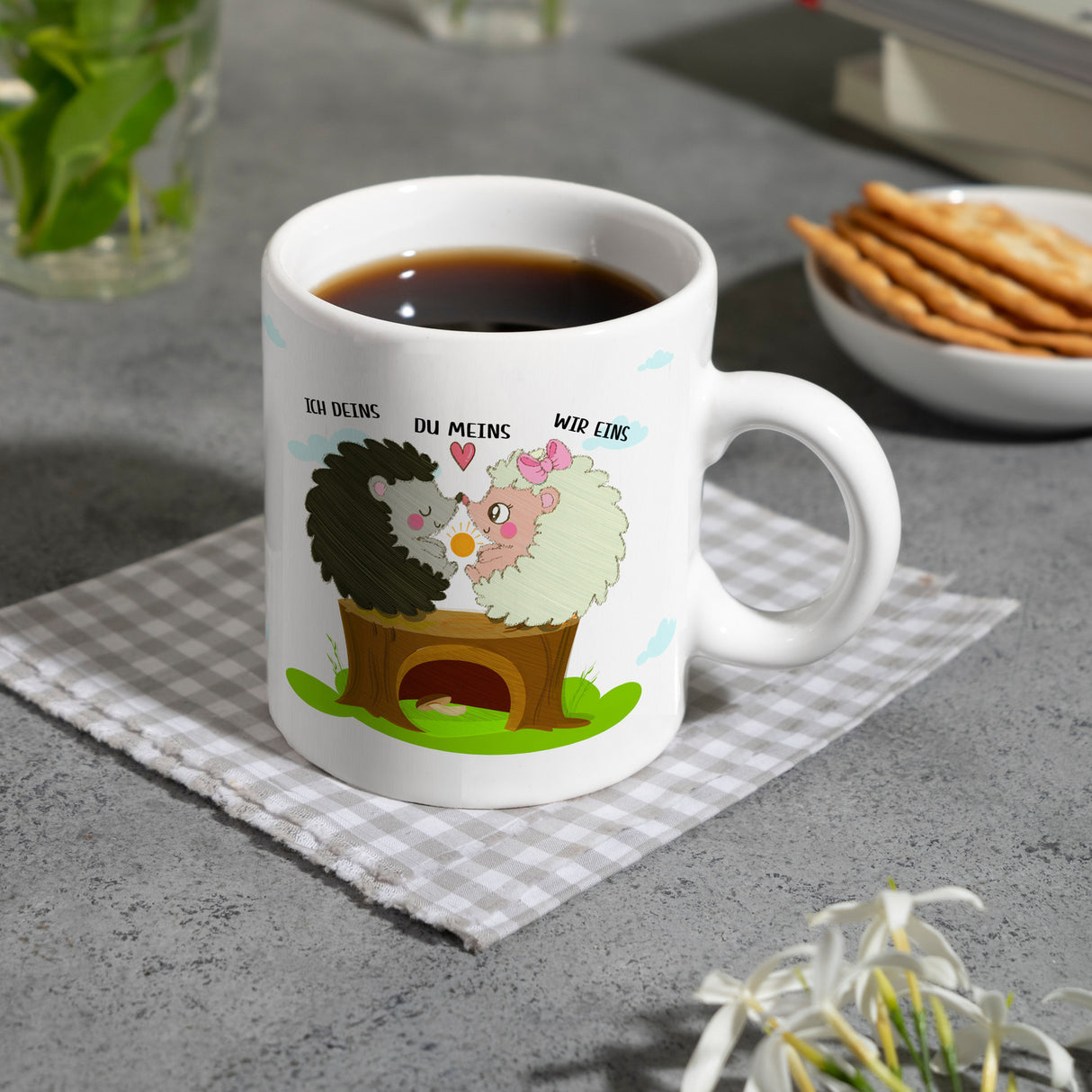 Igel Pärchen Kaffeebecher mit Spruch Ich deins du meins wir eins