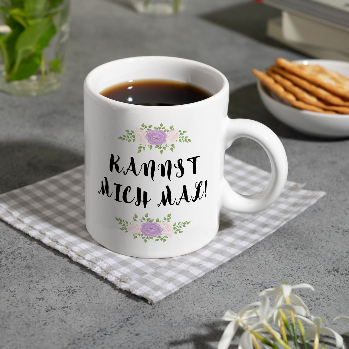 Kannst mich mal! Kaffeebecher mit Spruch und Blumen