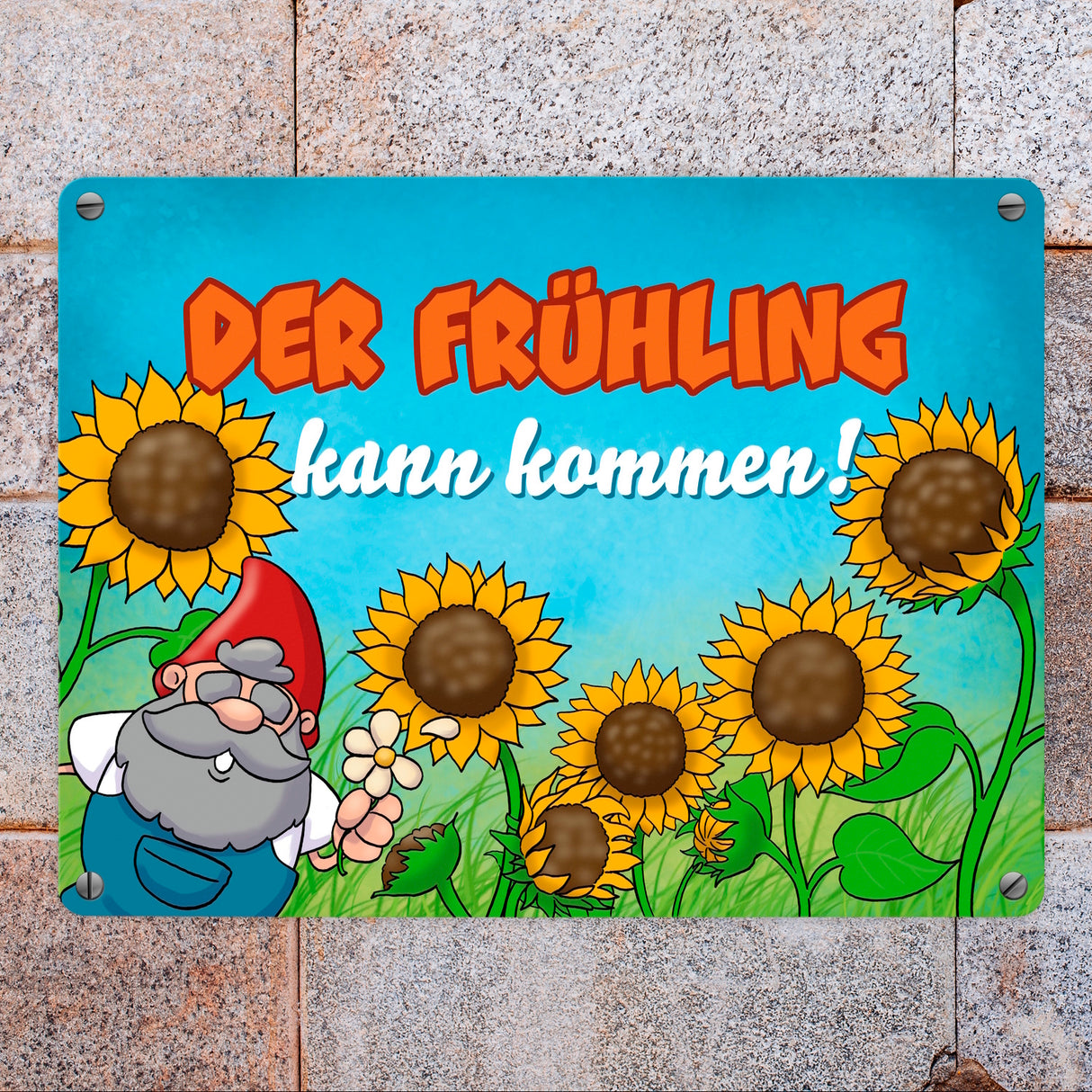 Gartenzwerg Metallschild mit Spruch Der Frühling kann kommen