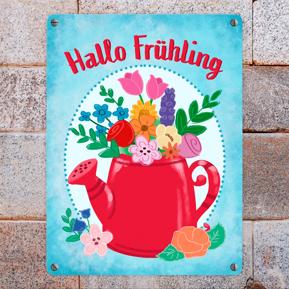 Hallo Frühling Metallschild mit Blumenkanne