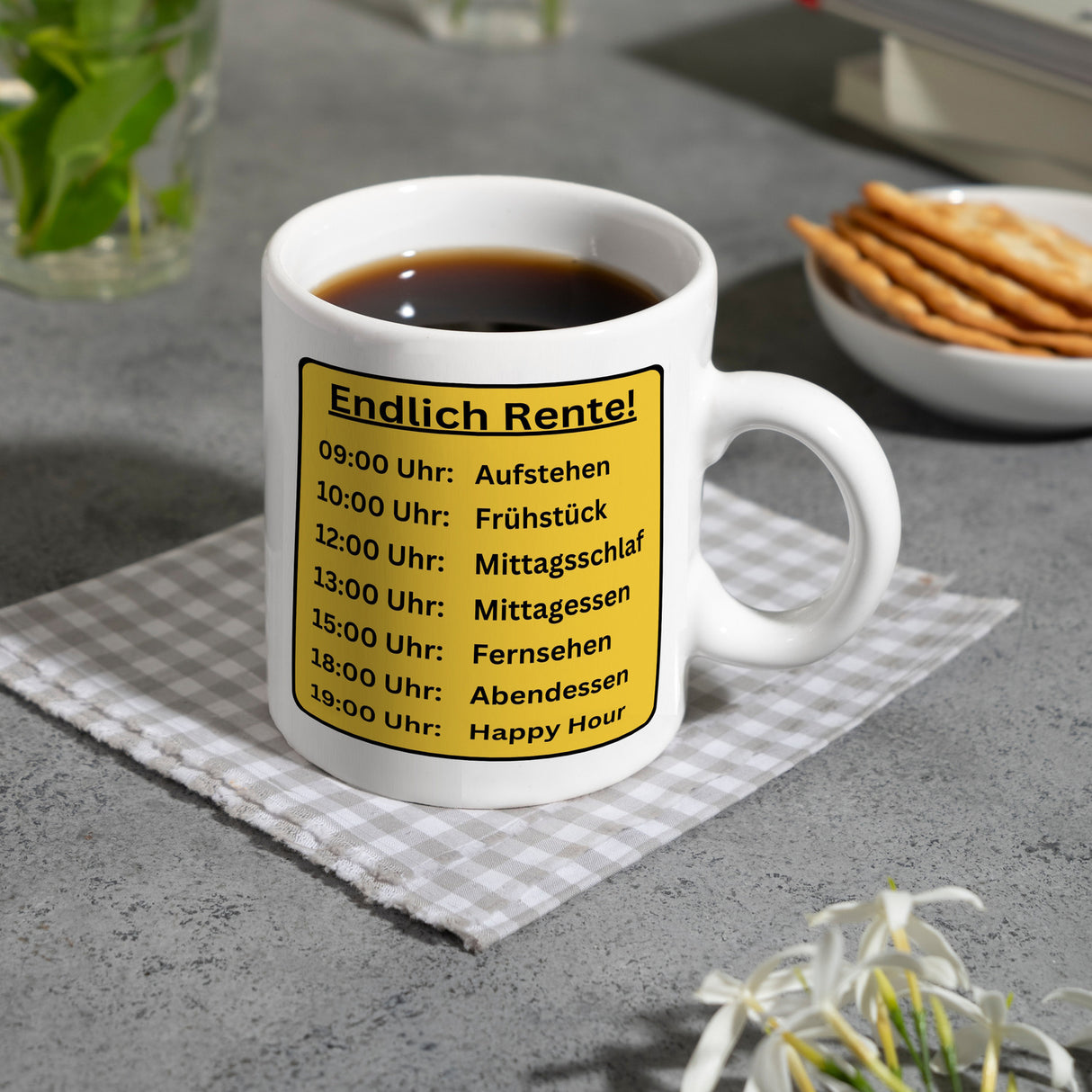 Renten To-Do Liste Kaffeebecher mit Spruch: Endlich Rente