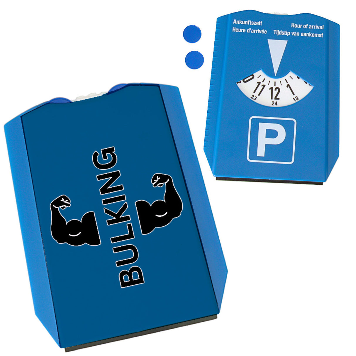 Fitness Parkscheibe in blau mit Spruch BULKING