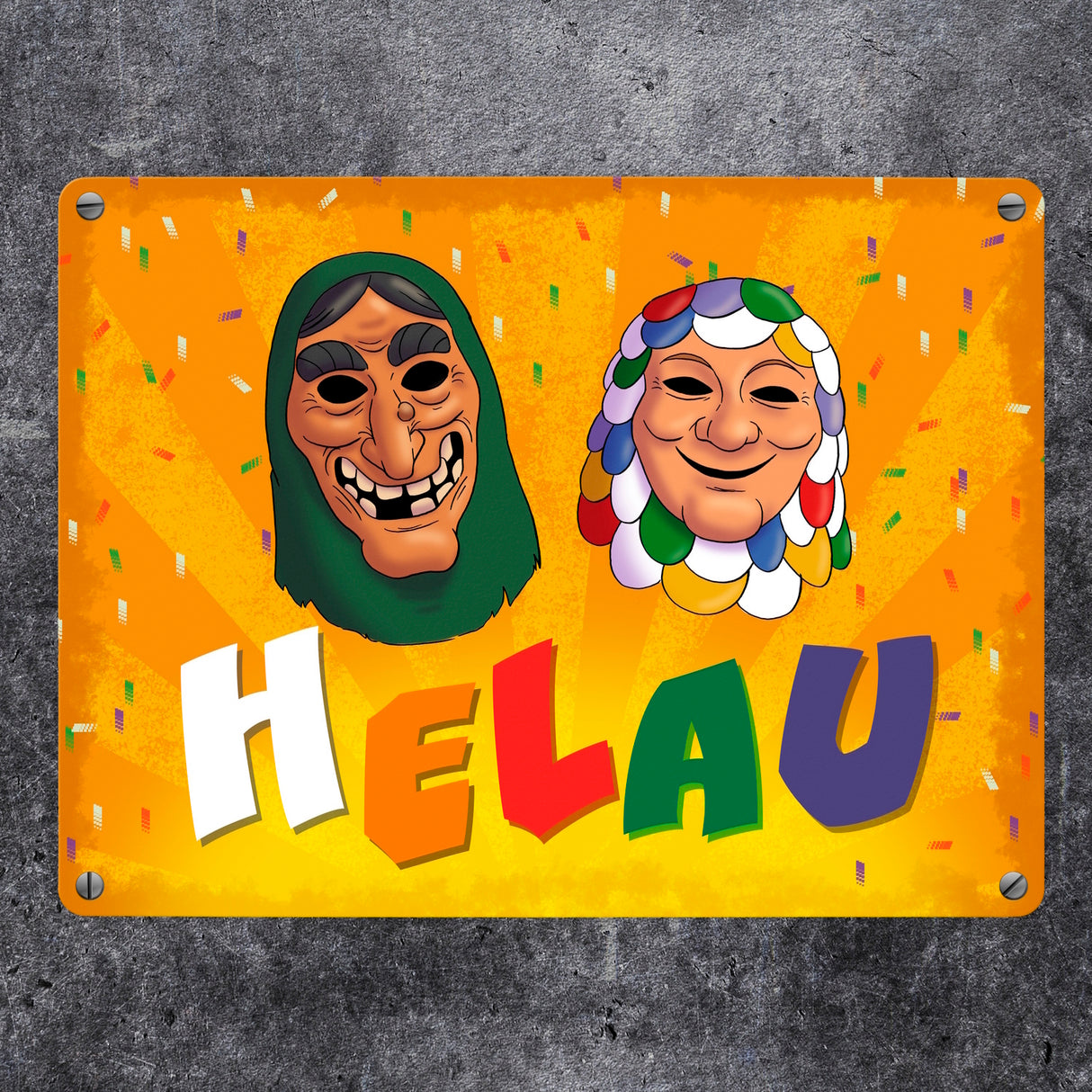 Helau Mainzer Fastnacht Metallschild mit Kostümmasken