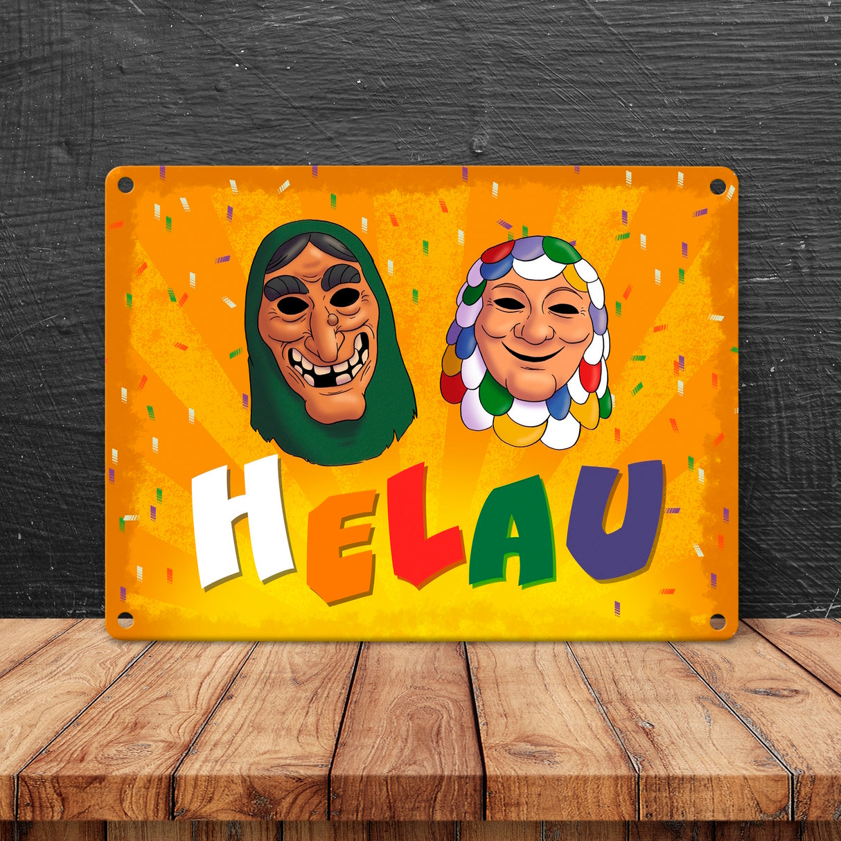 Helau Mainzer Fastnacht Metallschild mit Kostümmasken