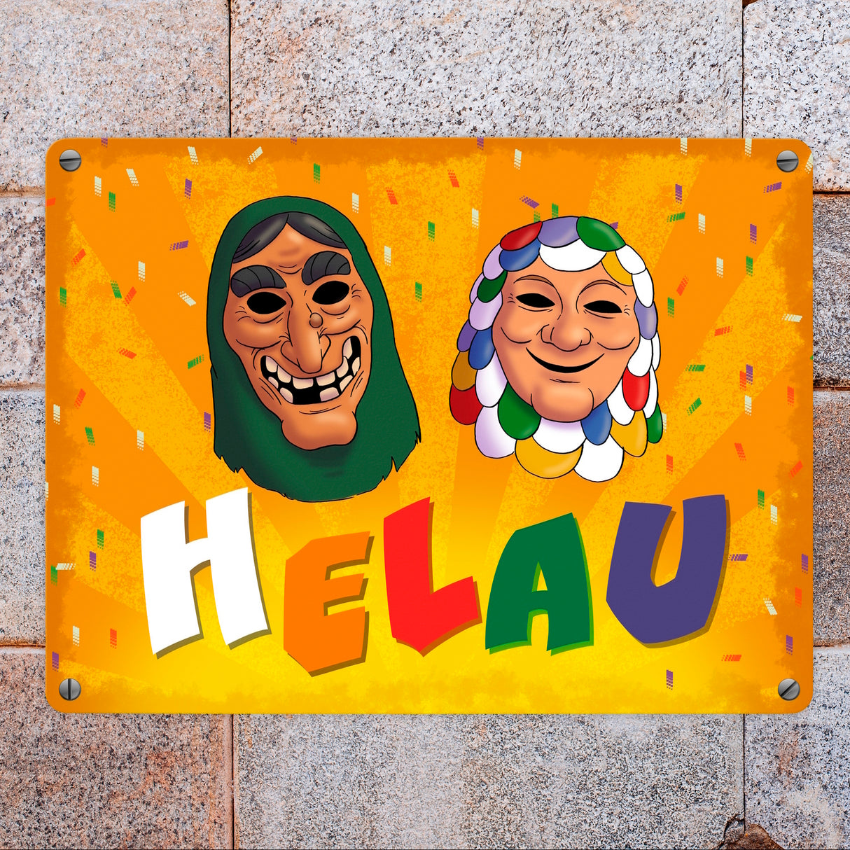 Helau Mainzer Fastnacht Metallschild mit Kostümmasken