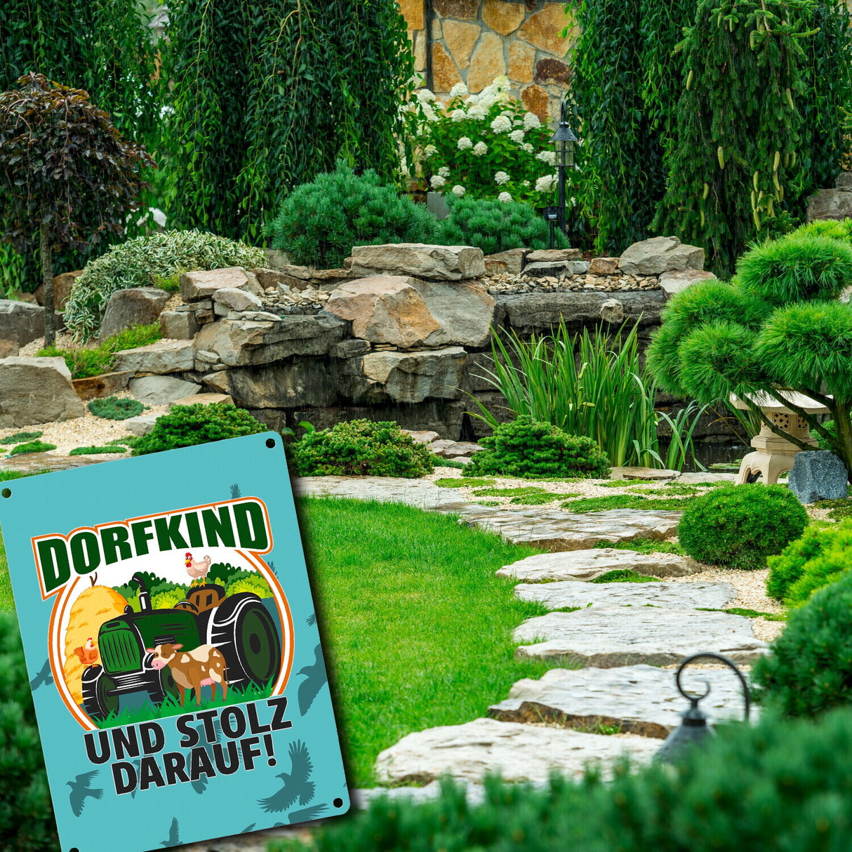 Dorf Metallschild in 15x20 cm mit Spruch Dorfkind und stolz darauf