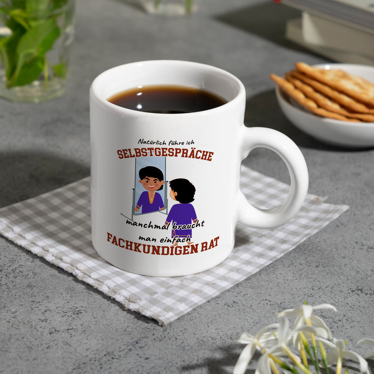 Spiegelbild und Selbstgespräche Kaffeebecher mit Spruch fürs Büro