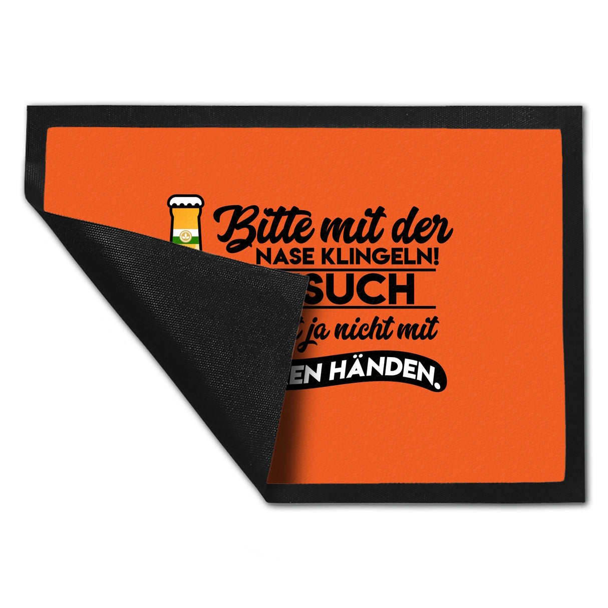 Bitte mit der Nase klingeln Fußmatte in 35x50 cm in orange mit Spruch und Biermotiv