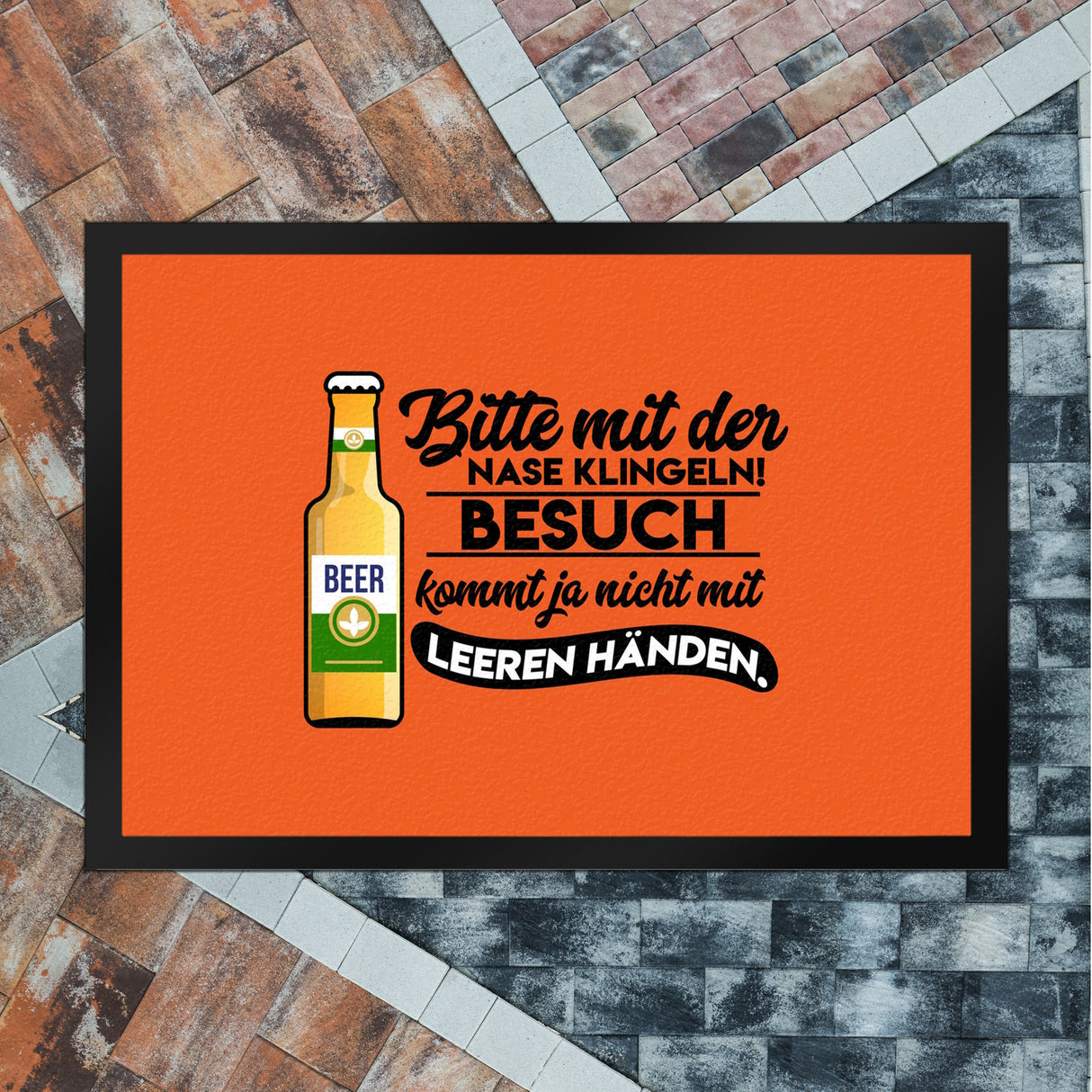 Bitte mit der Nase klingeln Fußmatte in 35x50 cm in orange mit Spruch und Biermotiv