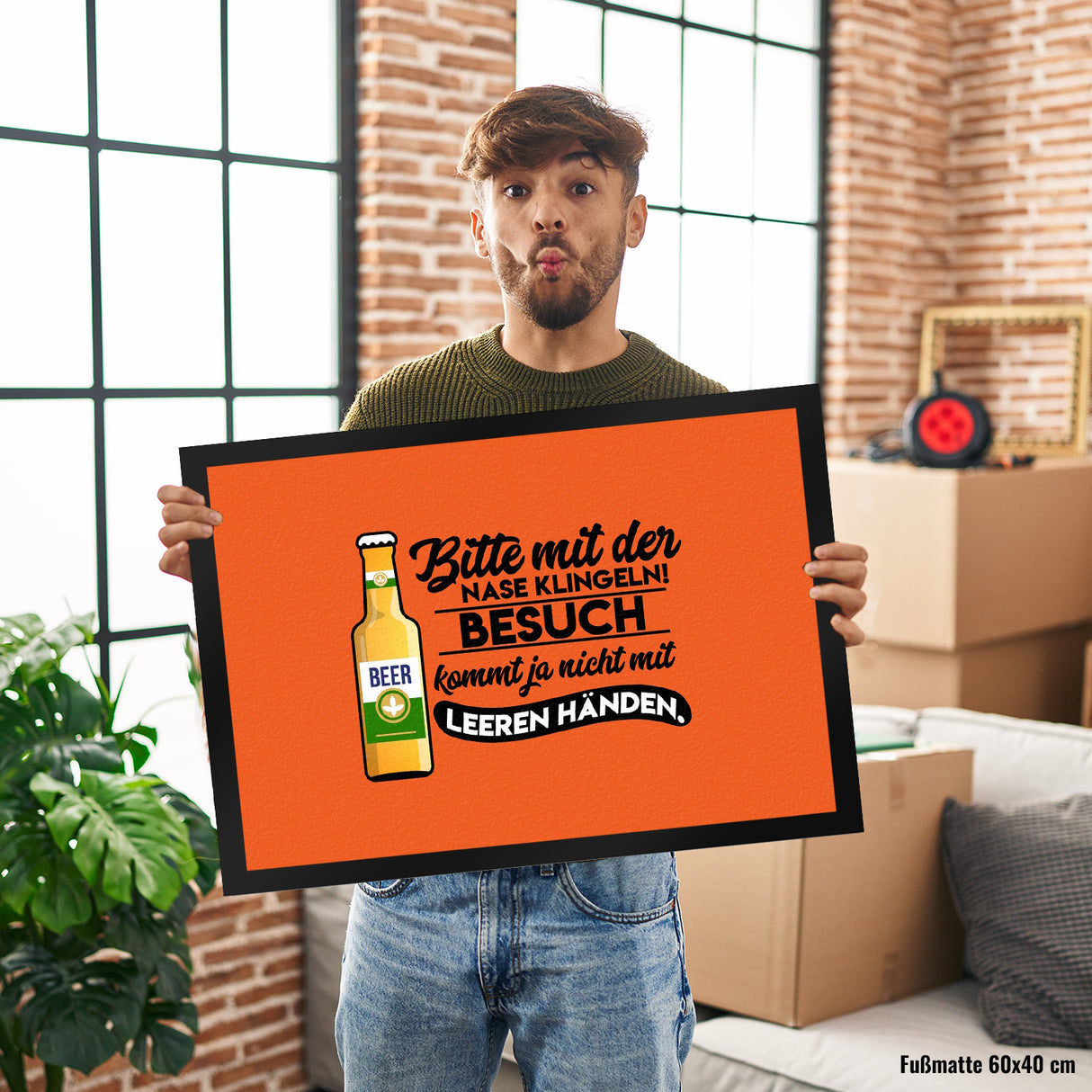 Bitte mit der Nase klingeln Fußmatte in 35x50 cm in orange mit Spruch und Biermotiv