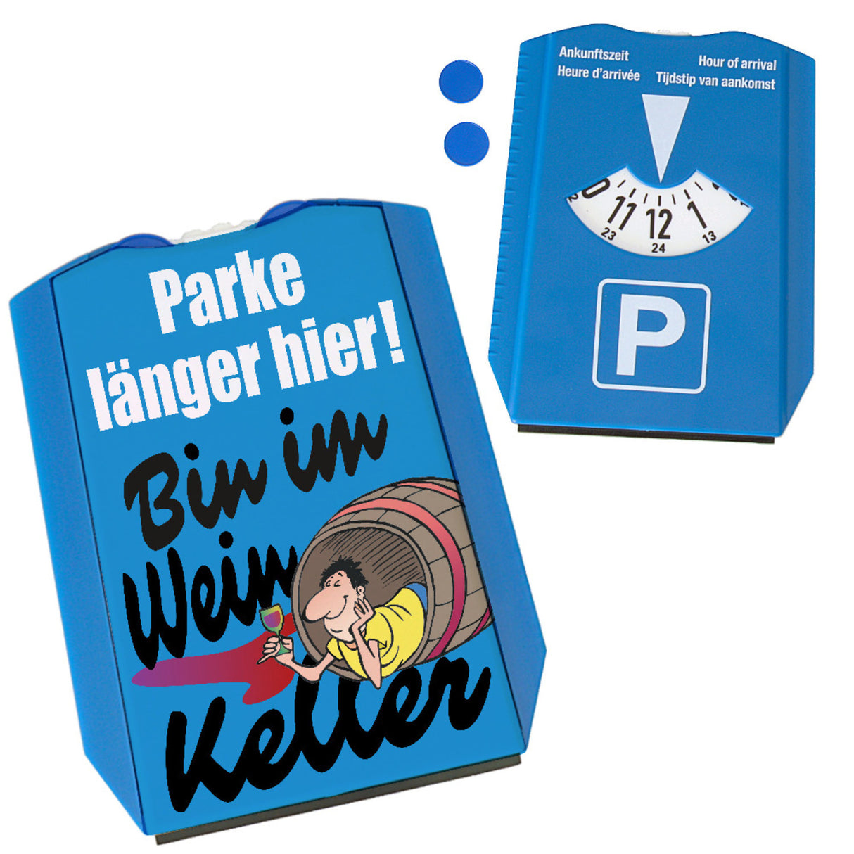 Bin im Weinkeller Parkscheibe in blau mit Eiskratzer und 2 Einkaufswagenchips