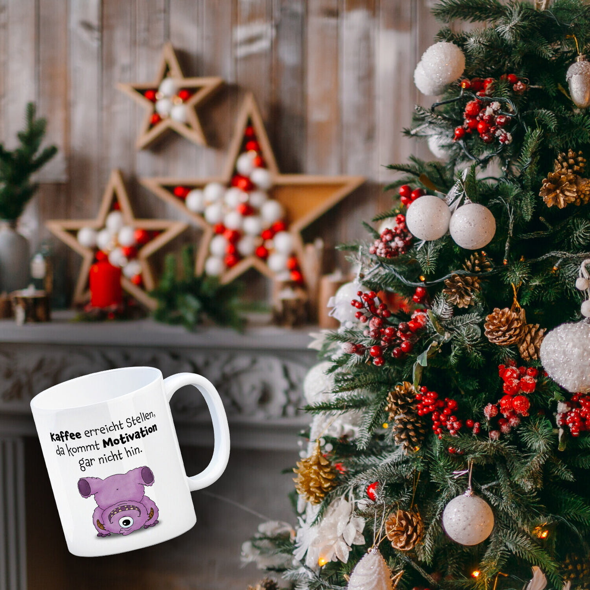 Freches Monster in rosa Kaffeebecher mit lustigem Spruch