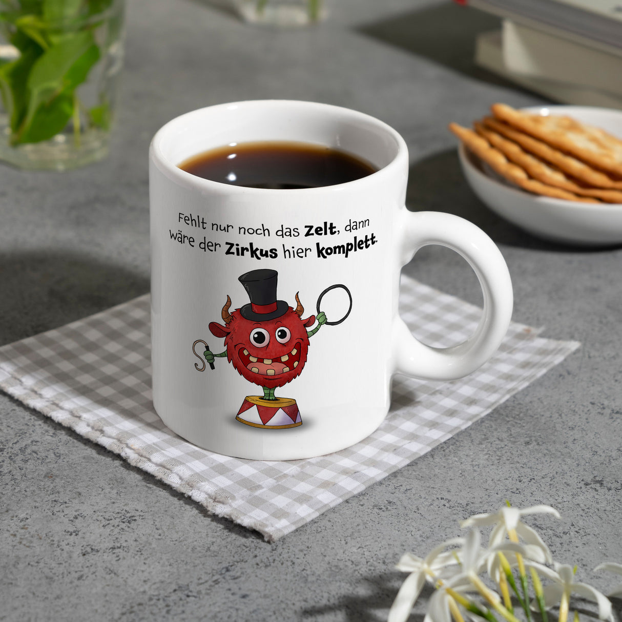 Freches Monster Kaffeebecher mit lustigem Spruch