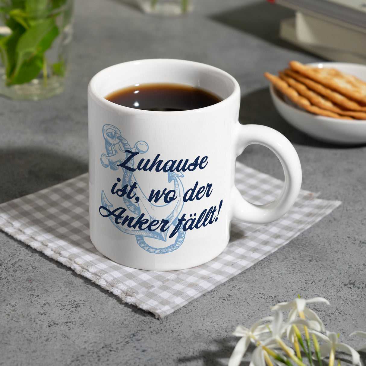 Anker Kaffeebecher mit Spruch Zuhause ist, wo der Anker fällt
