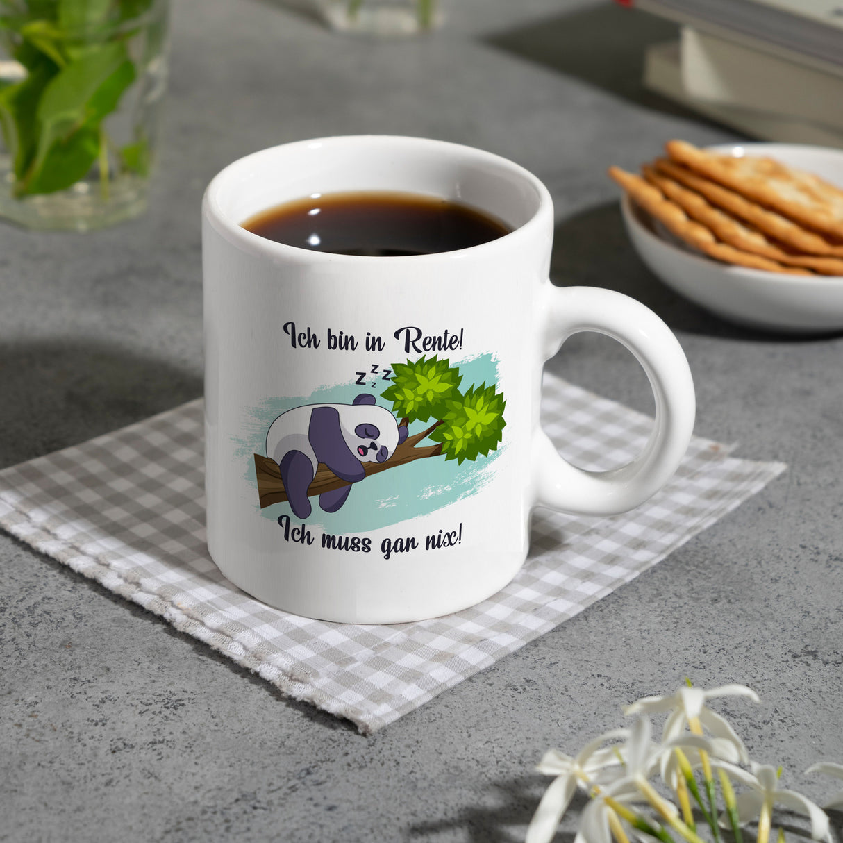 Panda Kaffeebecher mit Spruch Ich bin in Rente Ich muss gar nix