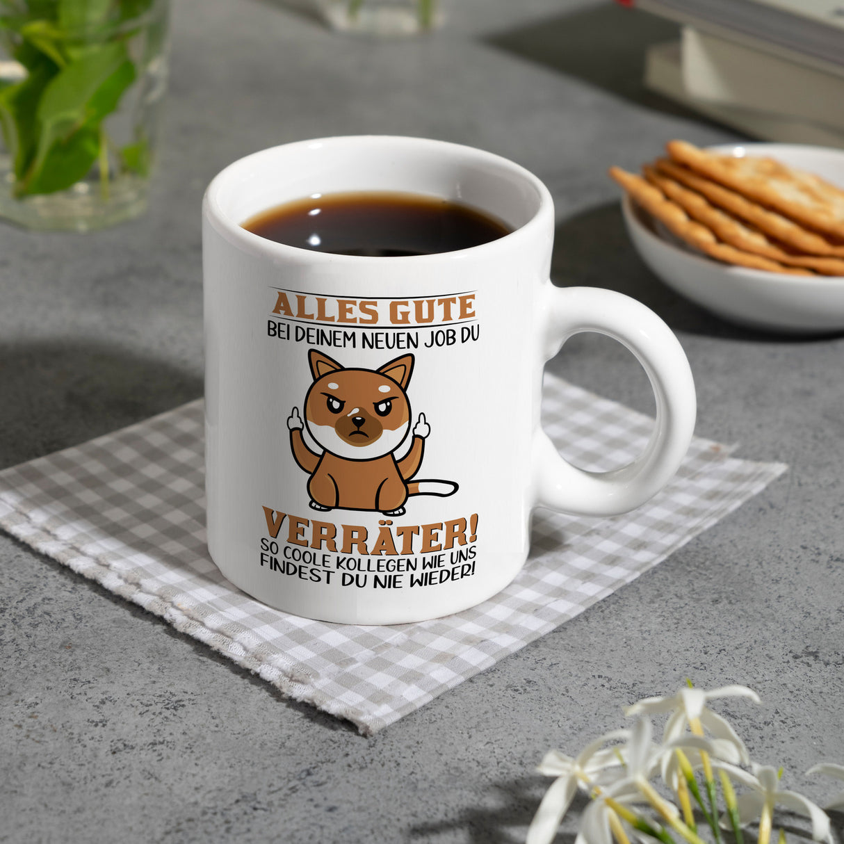 Verräter Kaffeebecher mit Spruch Alles Gute bei deinem neuen Job