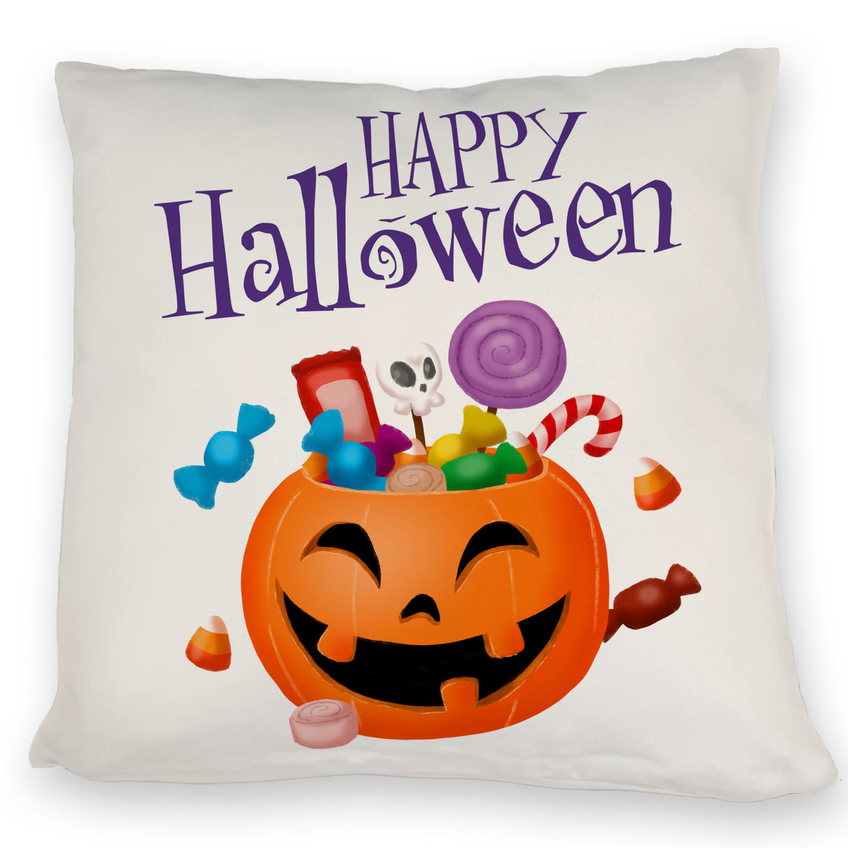 Happy Halloween Kissen mit Kürbis voller Süßigkeiten