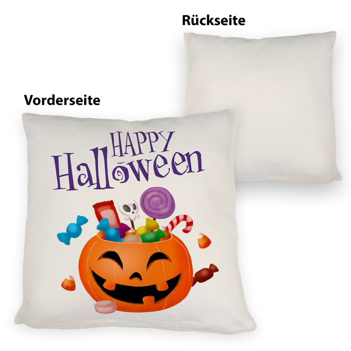 Happy Halloween Kissen mit Kürbis voller Süßigkeiten
