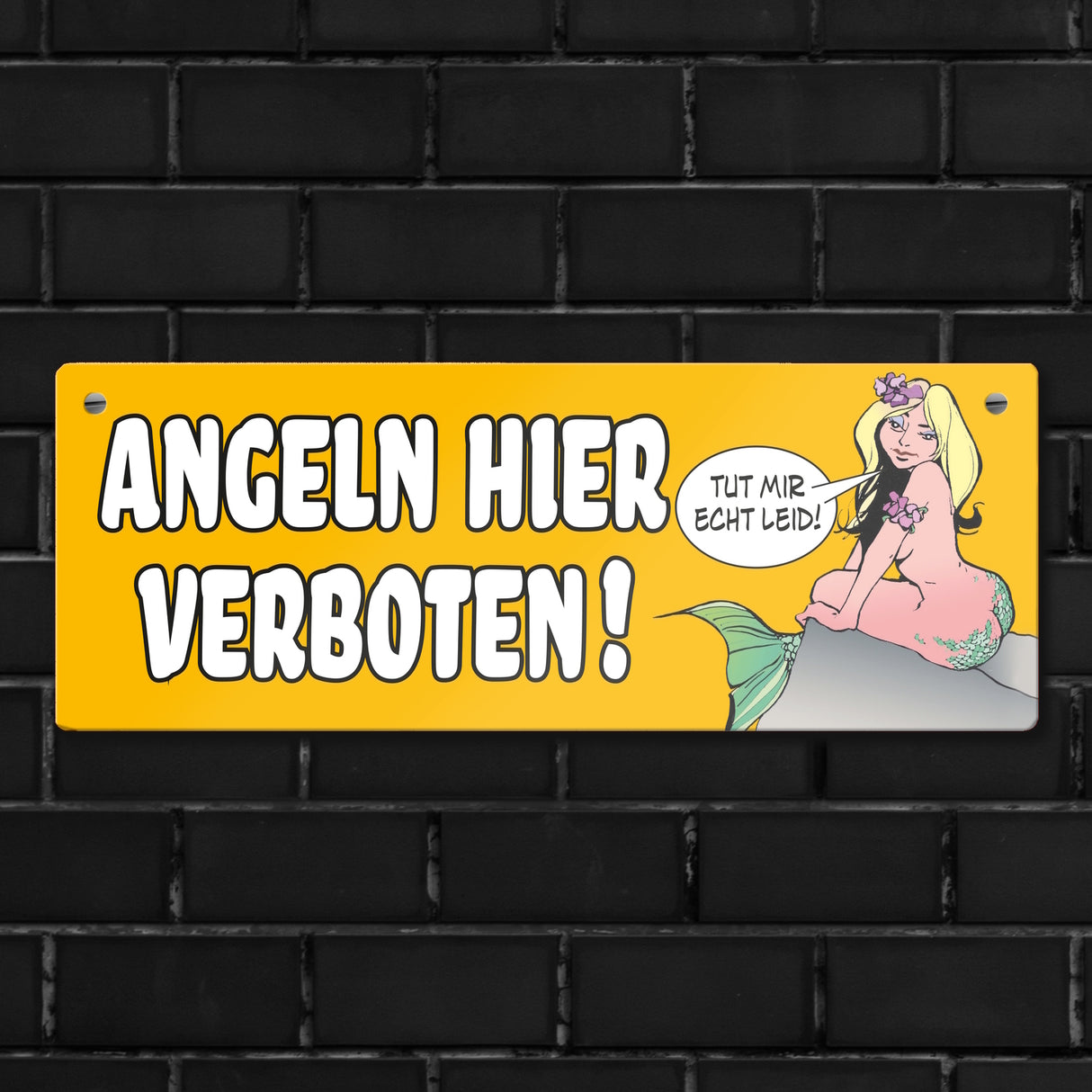 Angeln hier verboten! Metallschild in orange mit Meerjungfrau