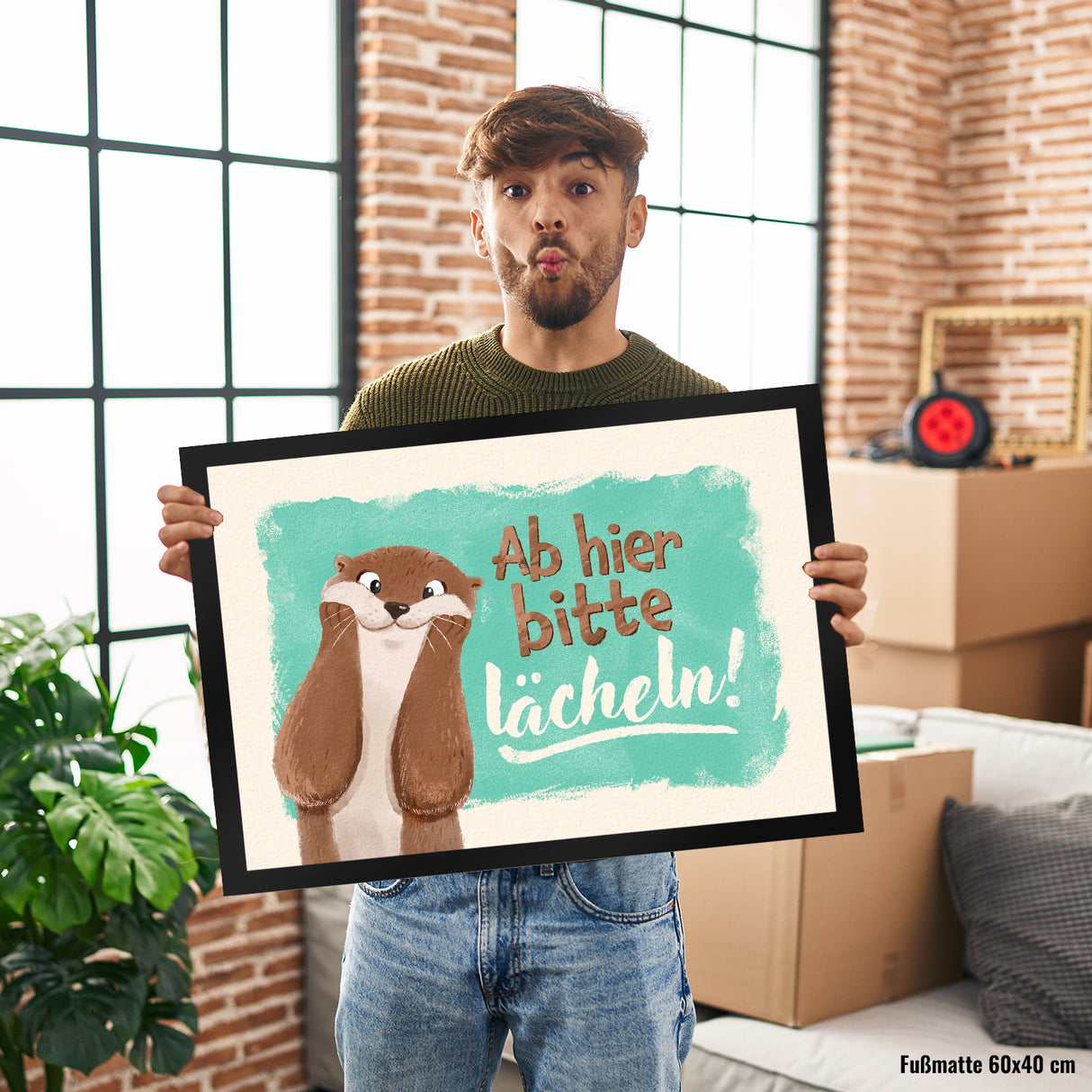 Lachender Otter Fußmatte in 35x50 cm mit Spruch Ab hier bitte lächeln