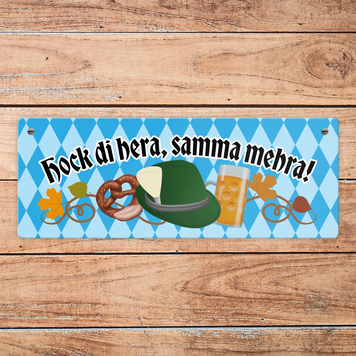 Hock di hera, samma mehra Metallschild mit Bier und Brezel