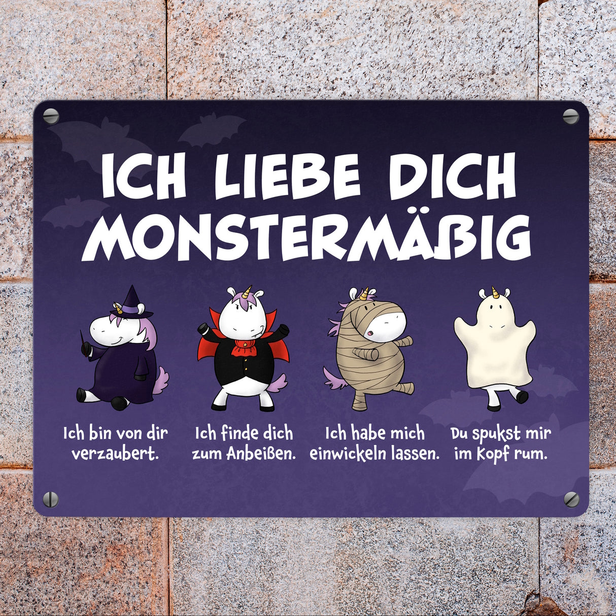 Einhorn-Monster Metallschild in 15x20 cm mit Spruch Ich liebe dich monstermäßig
