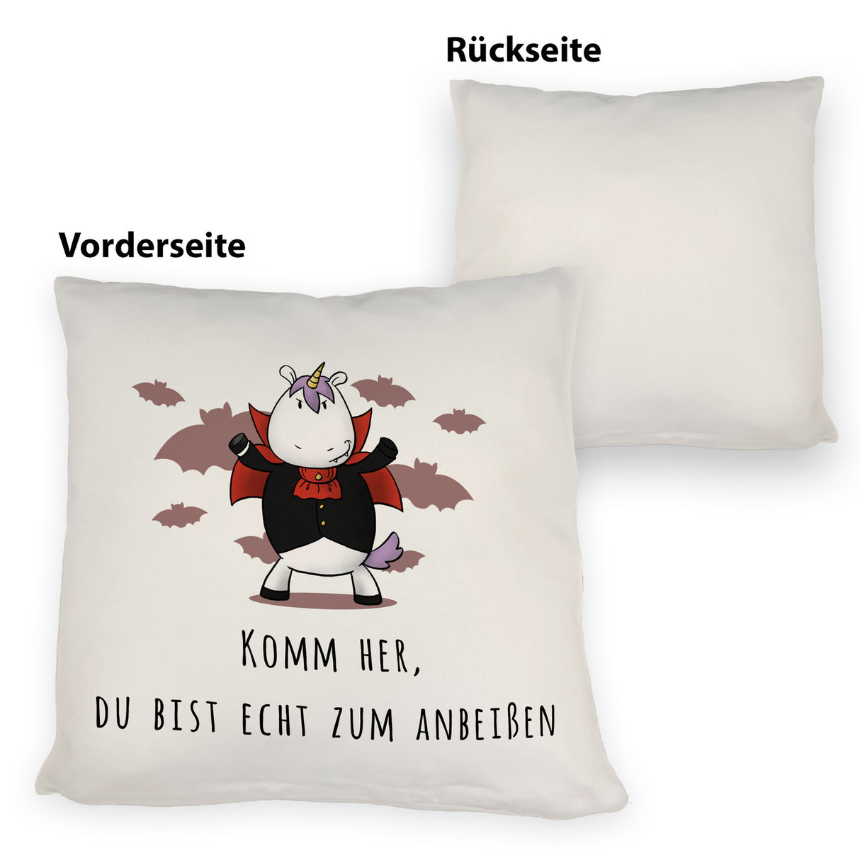 Einhorn-Vampir Kissen mit Spruch Du bist echt zum Anbeißen
