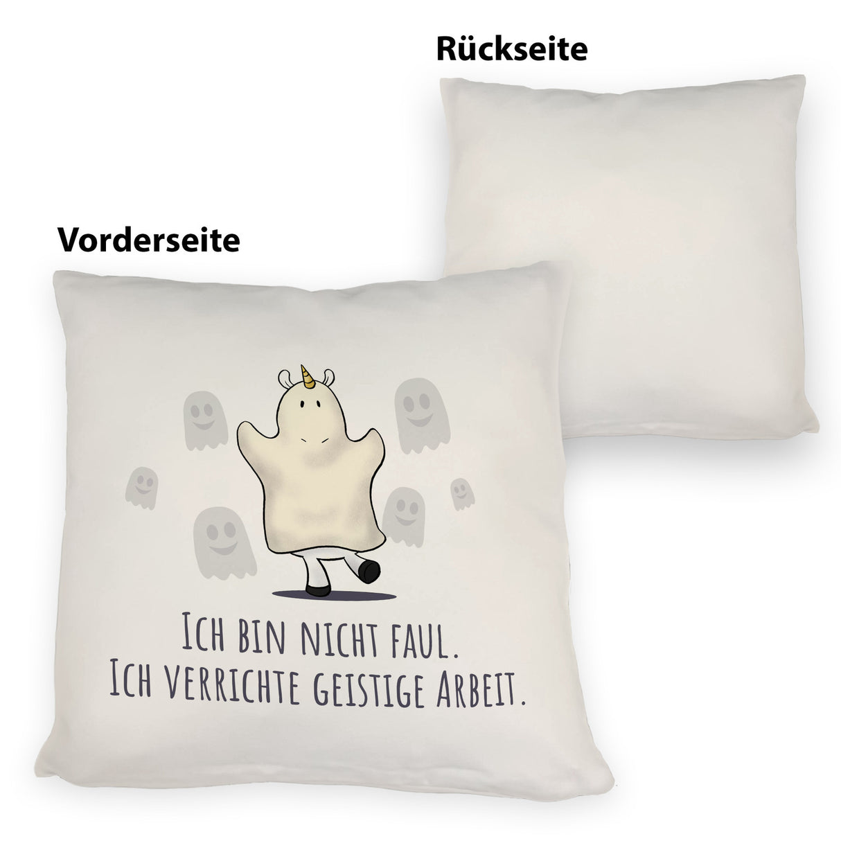 Einhorn-Geist Kissen mit Spruch Ich bin nicht faul Ich verrichte geistige Arbeit