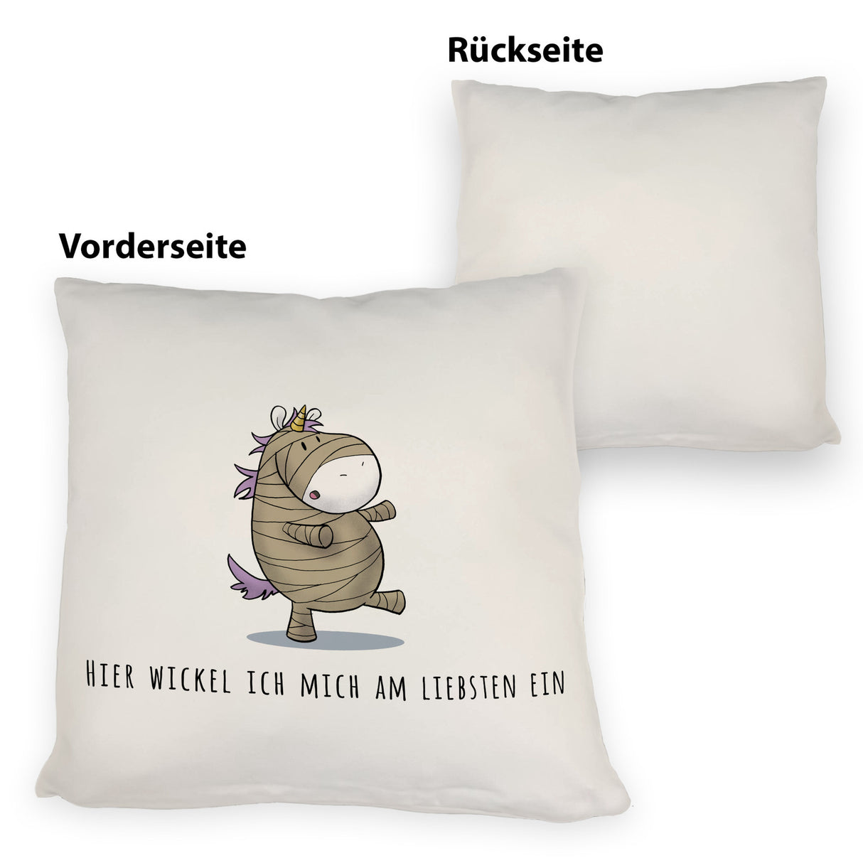 Einhorn-Mumie Kissen mit Spruch Hier wickel ich mich am liebsten ein