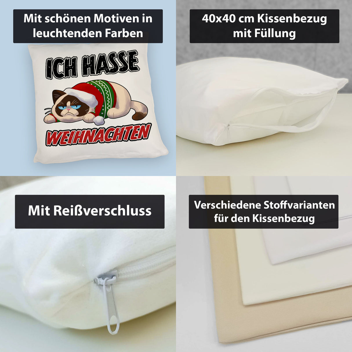 Grimmige Katze Kissen mit Spruch Ich hasse Weihnachten