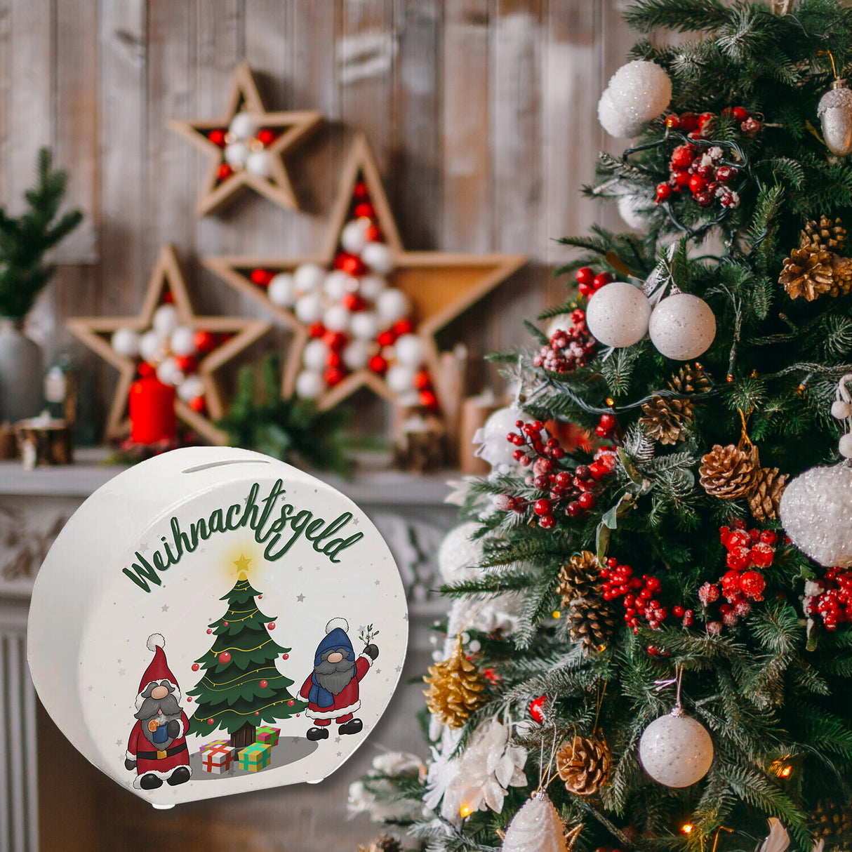 Weihnachtsgeld Spardose mit zwei niedlichen Weihnachtswichteln