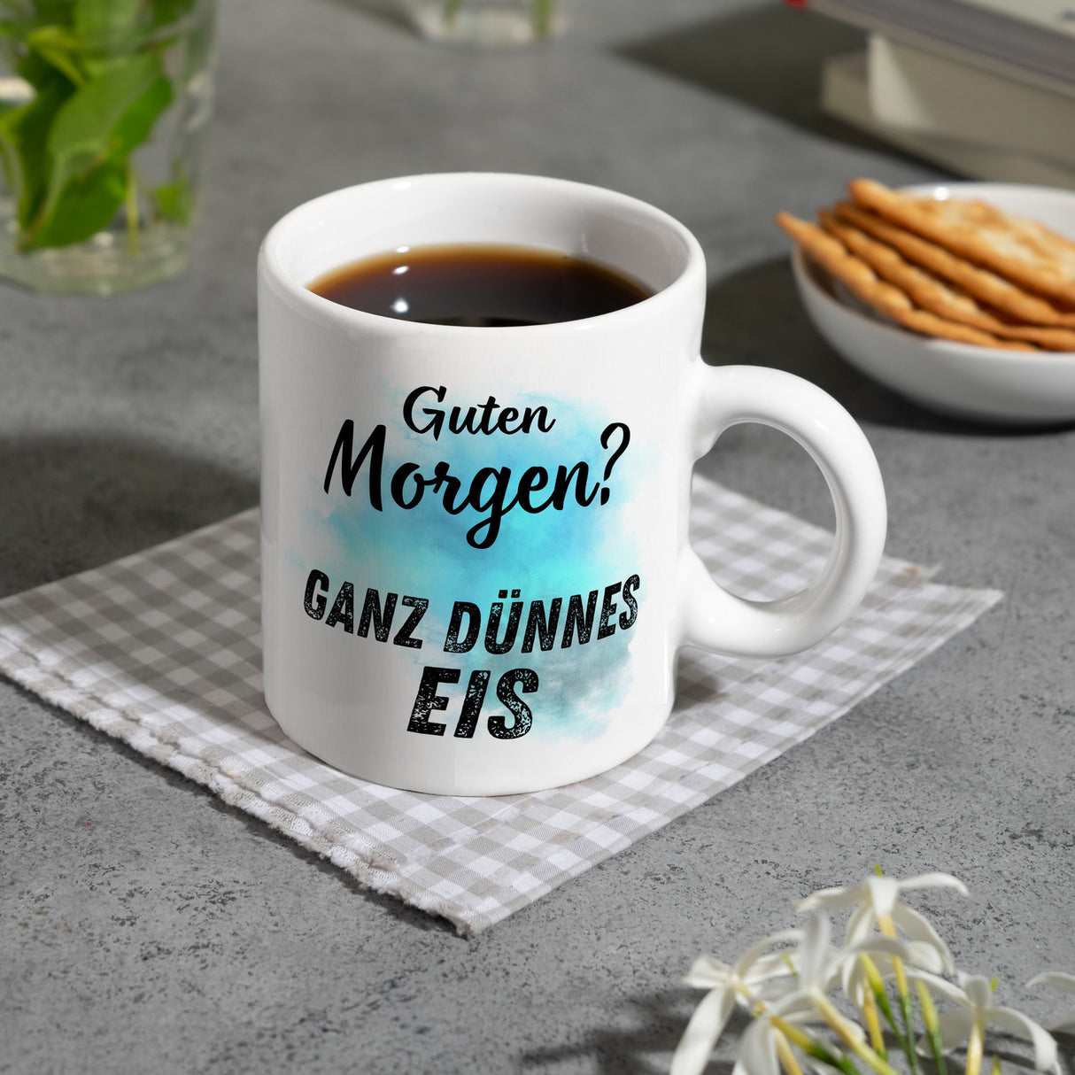 Morgenmuffel Kaffeebecher mit Spruch Guten Morgen Ganz dünnes Eis