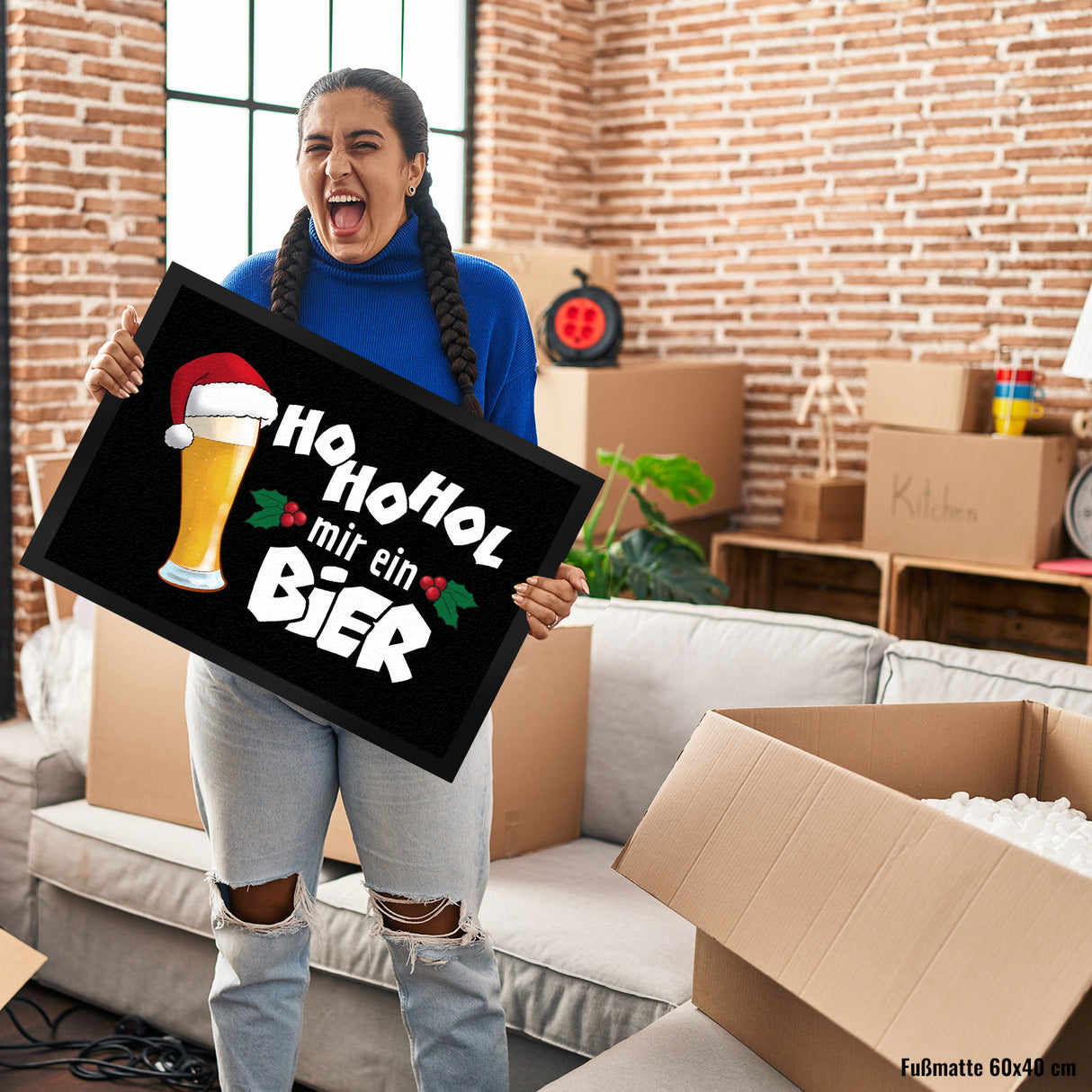 Bier mit Weihnachtsmütze Fußmatte in 35x50 cm mit Spruch HoHoHol mir ein Bier
