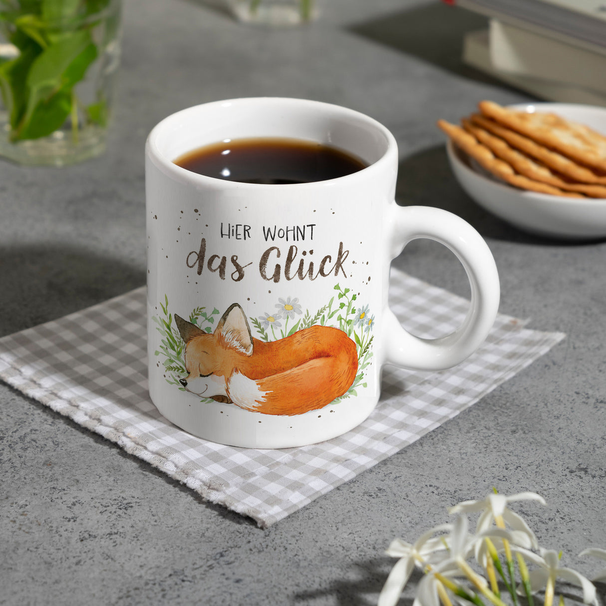 Hier wohnt das Glück Kaffeebecher mit Fuchs im Aquarell-Stil
